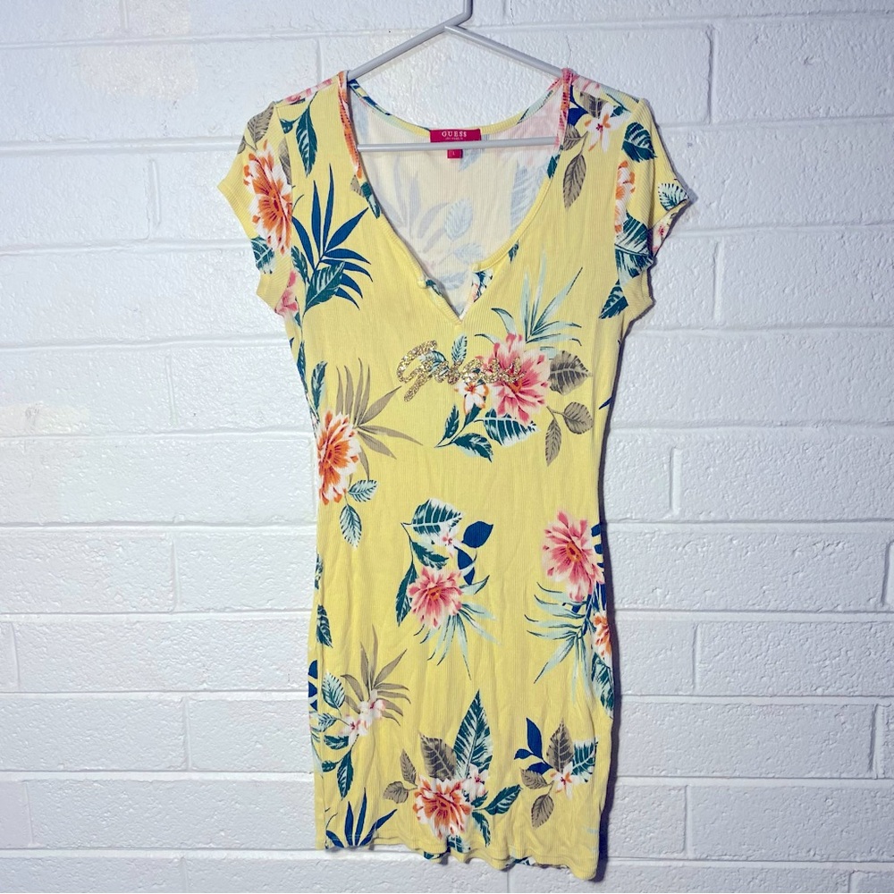 GUESS perfect Y2K Dress Bling Gold Glitter Logo Lettering Ribbed Yellow Floral